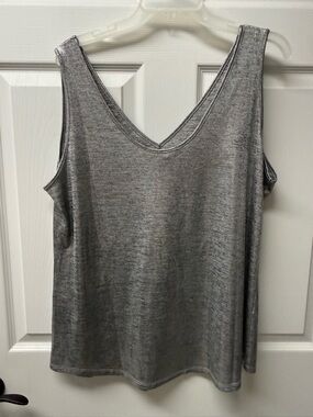 White House Black Market Silver V-Neck Metallic Tank Top